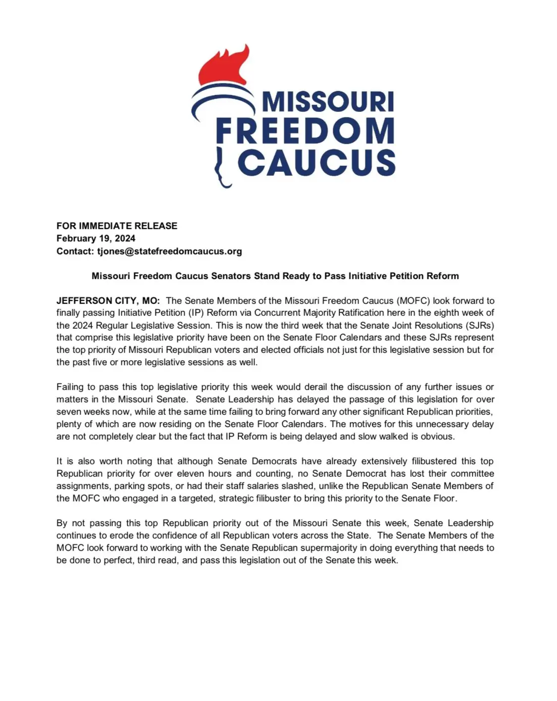 Missouri freedom caucus press release 2 19 2024 act for missouri
